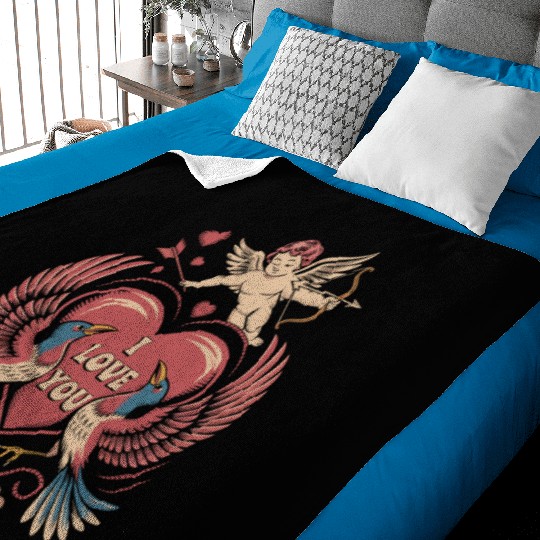 Vintage Valentine I Love You Cupid Heart Design Baby Blankets