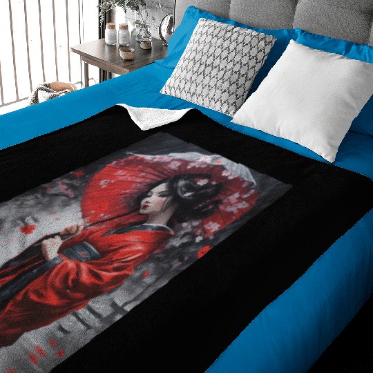 Geisha umbrella rain storm cherry blossoms Baby Blankets