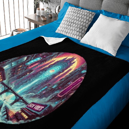 Cyberpunk Portal Cityscape - Futuristic Neon Sci-F Baby Blankets