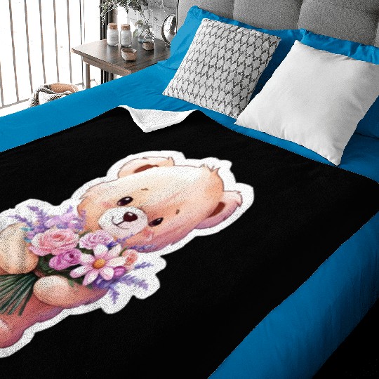 Teddy bear with bouquet of flowers Baby Blankets