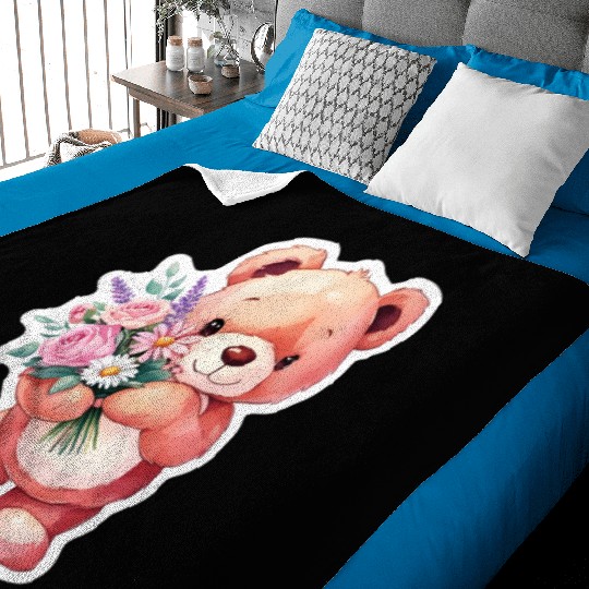 Teddy bear with bouquet of flowers Baby Blankets