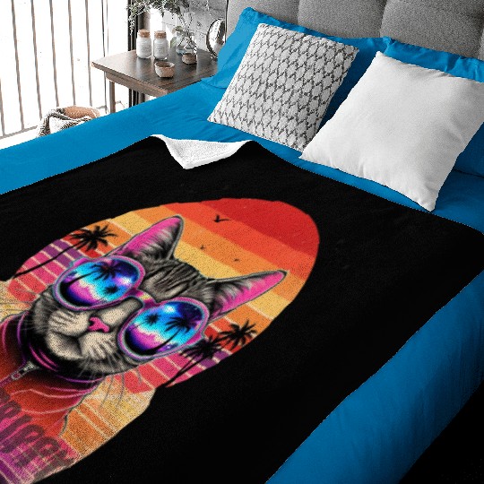 Stay Trippy Psychedelic Cat with Neon Sunglasses Baby Blankets