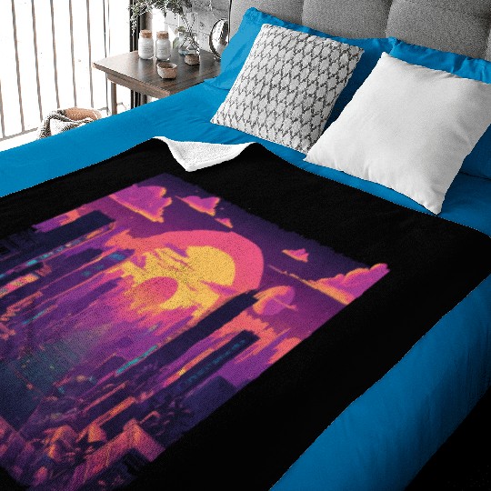Cyberpunk Neon Cityscape Sunset Baby Blankets