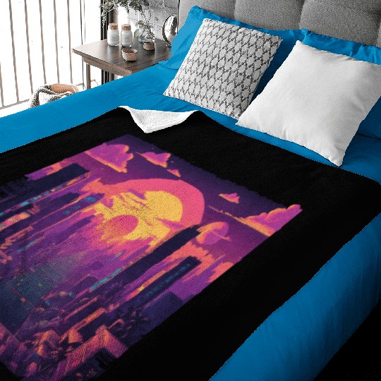Cyberpunk Neon Cityscape Sunset Baby Blankets