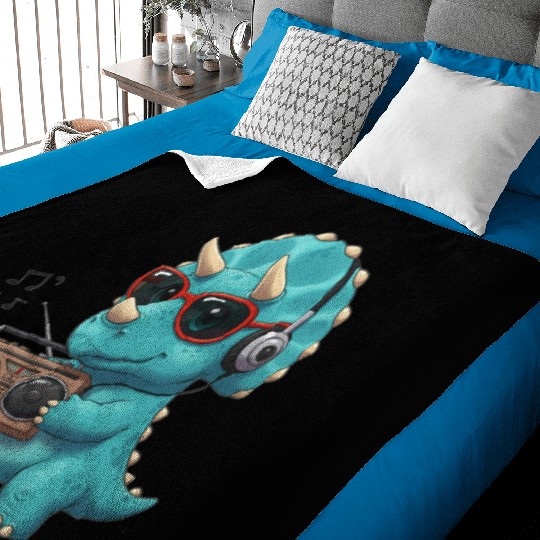 Dino cartoon triceratops listening to music Baby Blankets