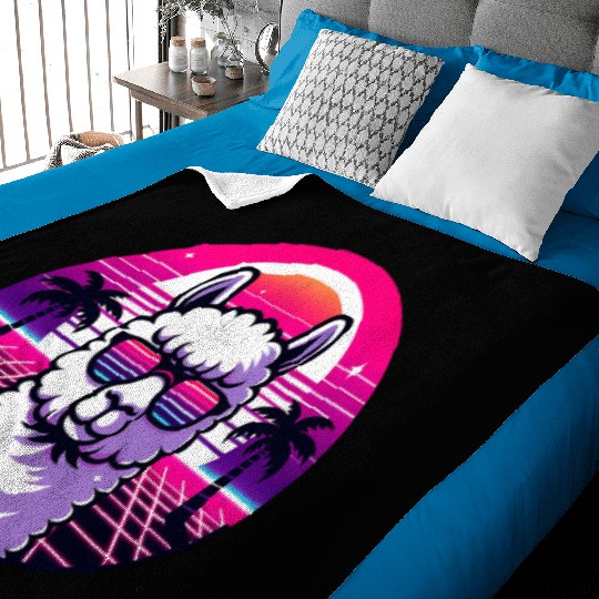 Retro Sunset Llama with Sunglasses in Neon Vibes Baby Blankets