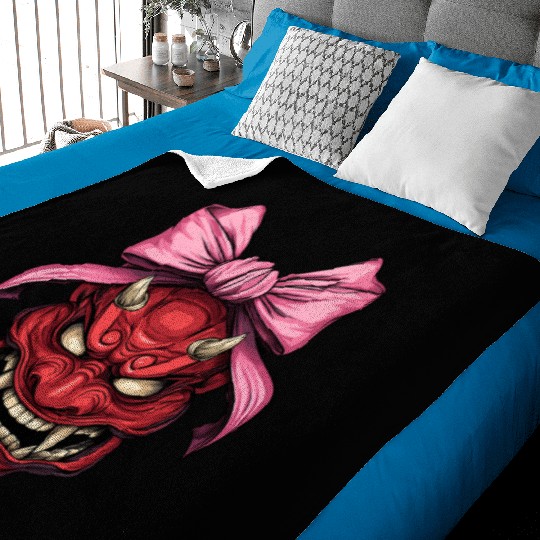 Coquette Bow Oni Yokai Devil Mask Pink Mothers Day Baby Blankets
