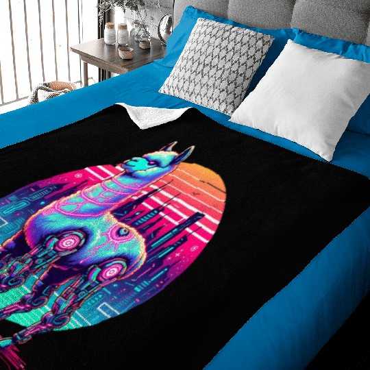 Futuristic Cyber Llama in Neon Cityscape Baby Blankets