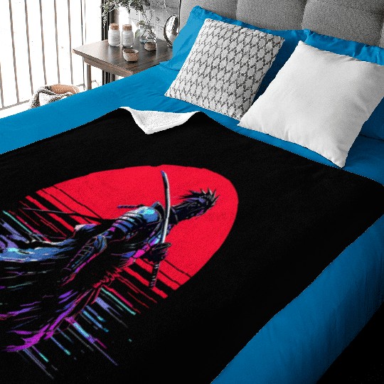 Cyberpunk Samurai Warrior Under Neon Moon Baby Blankets