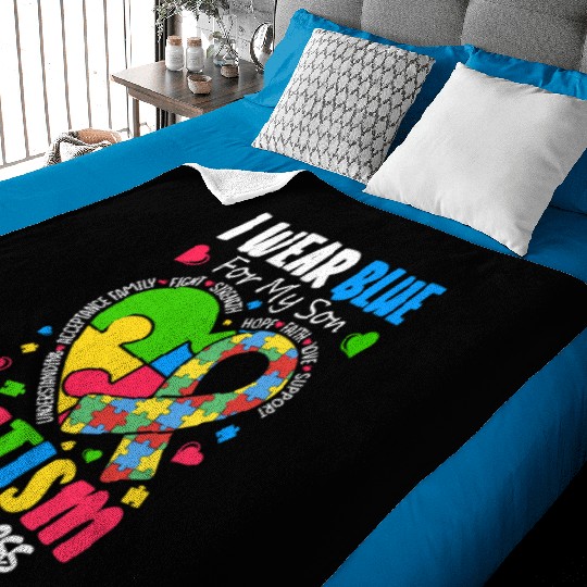 I Wear Blue For My Son Autism Awareness Mom Dad Baby Blankets
