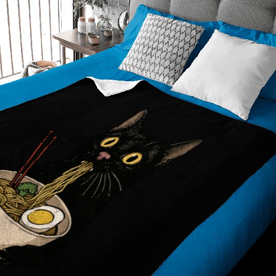 Black Cat Eating Ramen Noodles, Cute Japanese Food Baby Blankets