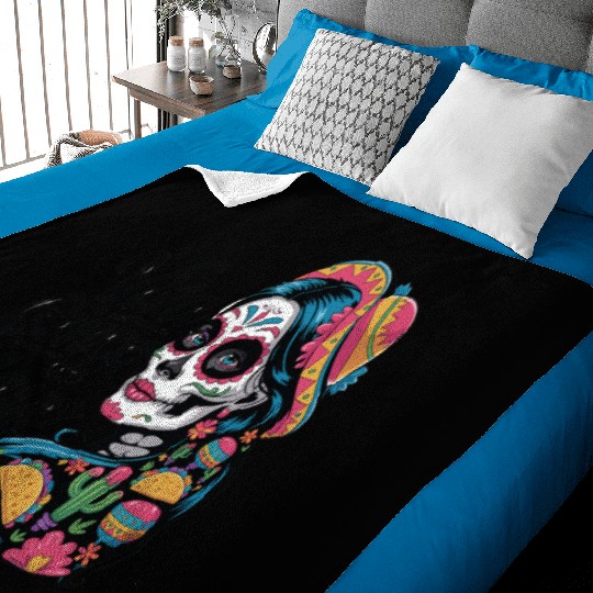 Cinco de Mayo Sugar Skull Girl Sombrero & Flowers Baby Blankets