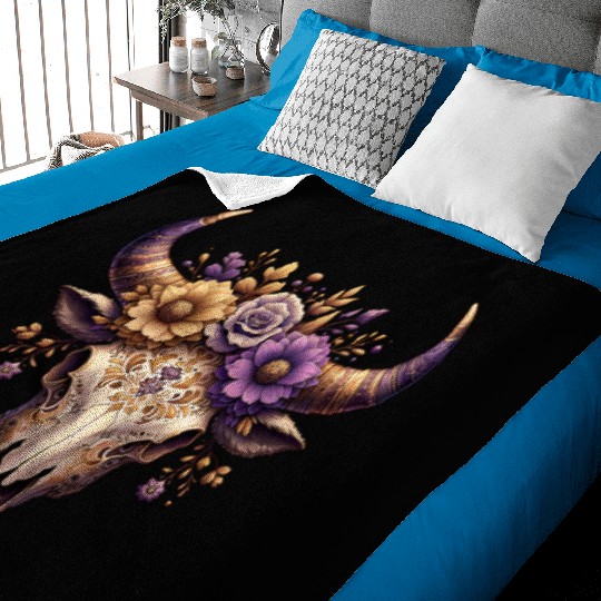 Boho Bull Skull with Floral – Western Bohemian Baby Blankets