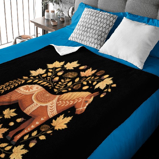 Golden Autumn Dala Horse with Leaves Baby Blankets