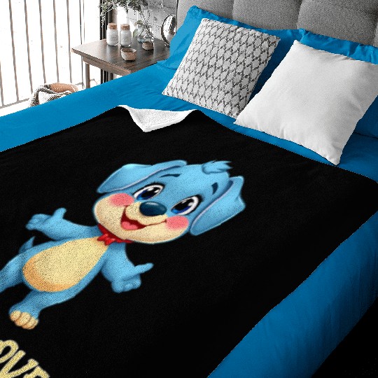 Blue Puppy Love Cartoon - Playful Pet Character Baby Blankets