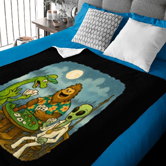 Bigfoot, Nessie and an Alien Play Poker - Cryptid Baby Blankets