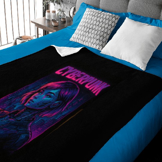Cyberpunk Future: Neon Cityscape and Cyborg Baby Blankets