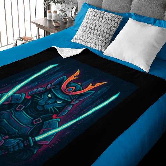 A futuristic samurai cat in neon armor with glo Baby Blankets