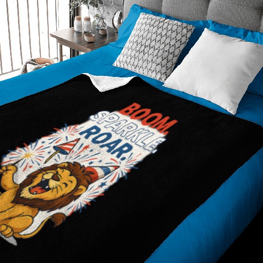 Boom Sparkle Roar – Cute Patriotic Lion with Firew Baby Blankets