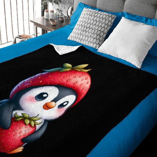 Cute penguin with strawberry cartoon summer fun Baby Blankets