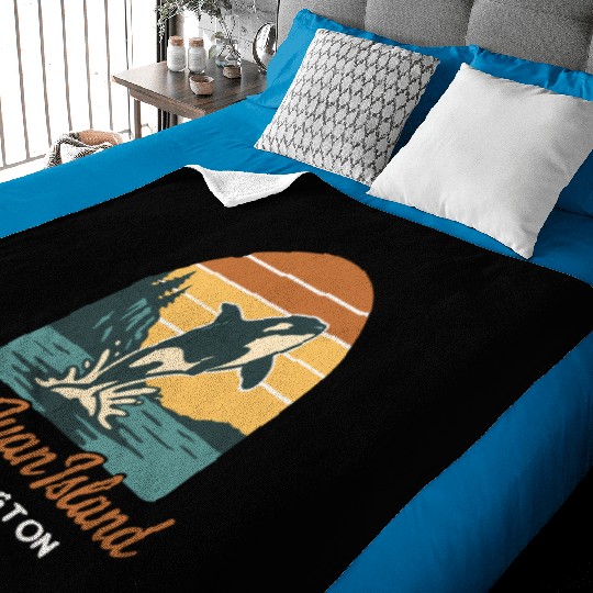 San Juan Island Washington Orca Whale Retro Sunset Baby Blankets