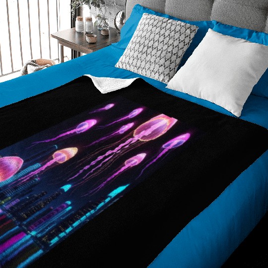 Neon Jellyfish Over Cyber City Baby Blankets