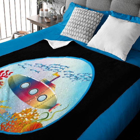 Colorful Submarine in a Tropical Coral Reef Baby Blankets