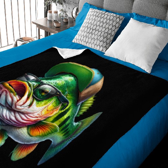 Cool Bass Fish with Green Hat and Glasses Baby Blankets