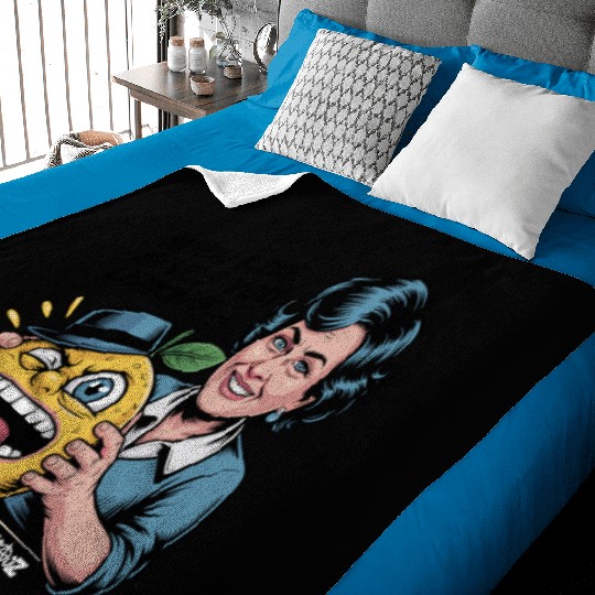 Smiling woman holding sour lemon cartoon face Baby Blankets