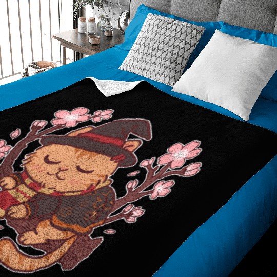 Cute Witch Cat with Cherry Blossoms Baby Blankets