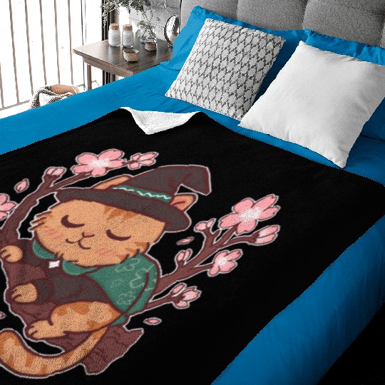 Whimsical Wizard Cat in Blooming Cherry Tree Baby Blankets