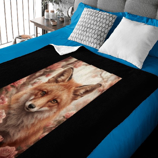 Red Fox Among Roses Baby Blankets
