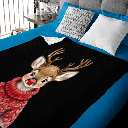 Festive Reindeer with Red Nose Sweater Baby Blankets