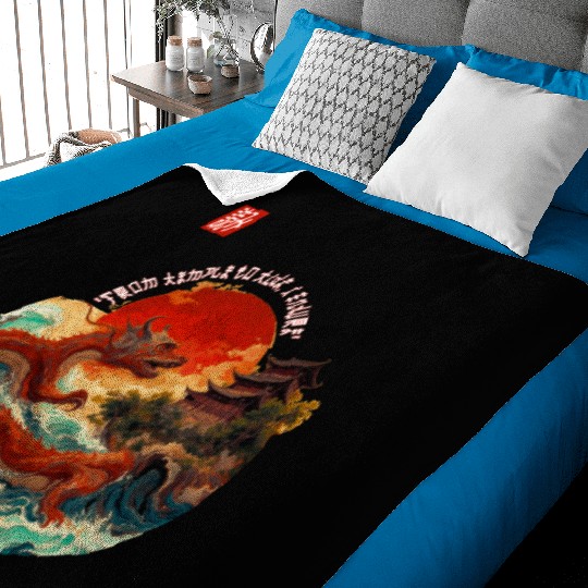 Japanese Dragon and Pagoda Sunset Art Baby Blankets