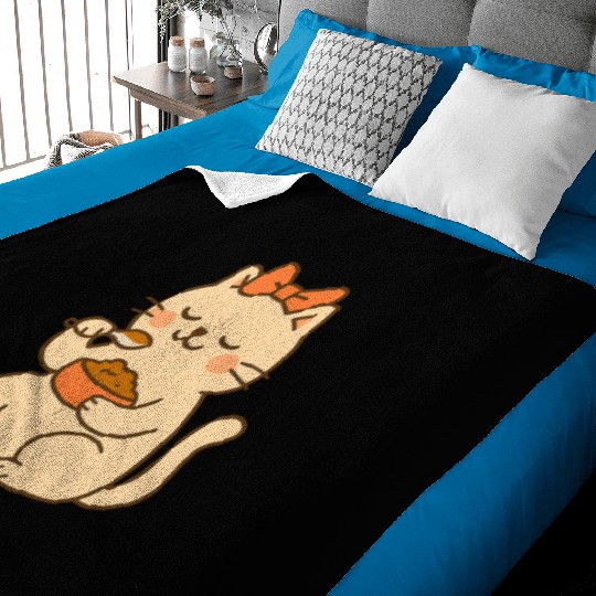 Cute Cat with Bow Eating SoupCute Kawaii Cat Eatin Baby Blankets