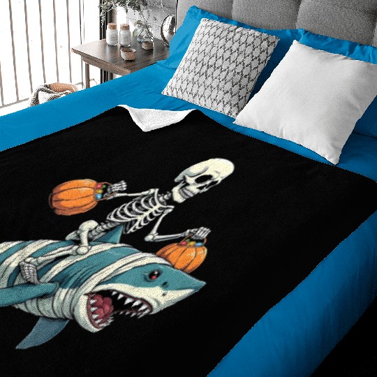 Skeleton Riding Shark Mummy Funny Halloween Baby Blankets