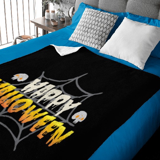 Happy Halloween with Spiderweb and Skulls Baby Blankets