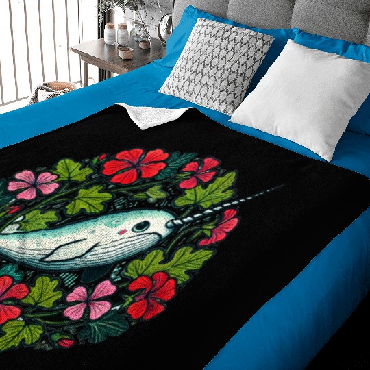 Whimsical Narwhal Amid Floral Bloom Baby Blankets