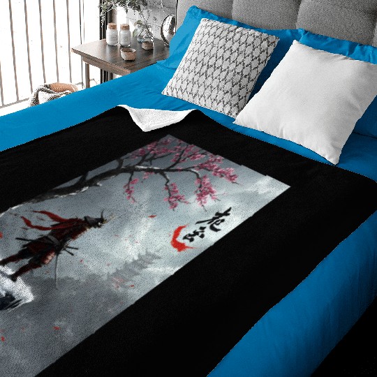 Samurai Warrior Under Cherry Blossom Tree Baby Blankets