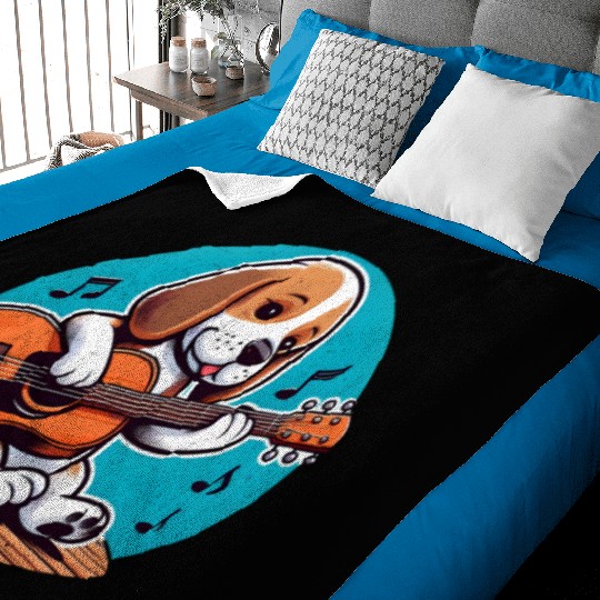 Playful Puppy Guitar Illustration Baby Blankets