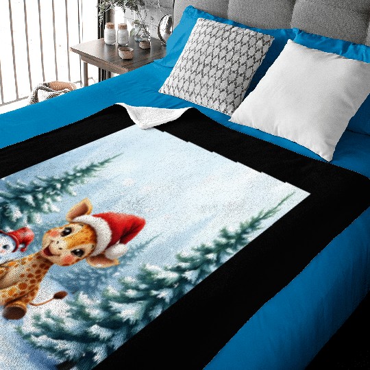 Festive Giraffe with Snowman Santa Hat Baby Blankets