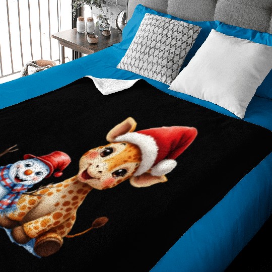 Festive Giraffe and Snowman Holiday Design Baby Blankets
