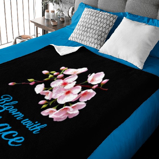 Cherry Blossom Bloom with Grace Text Baby Blankets
