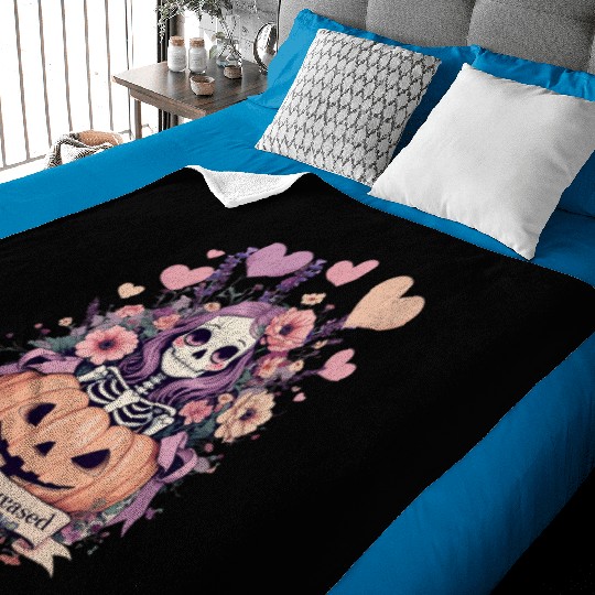 Whimsical Skeleton with Pumpkin and Floral Accents Baby Blankets