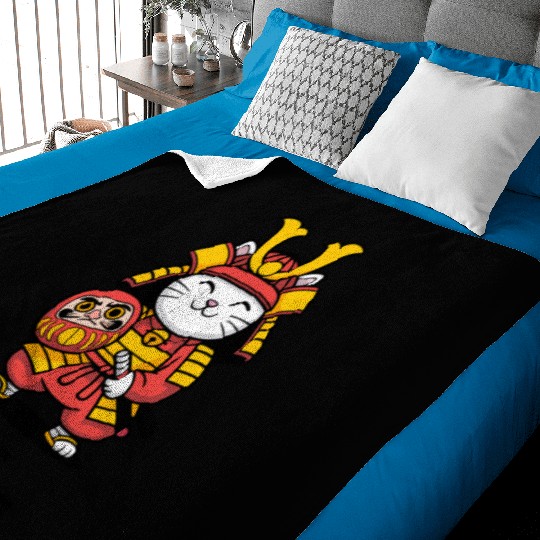 Kawaii Samurai Cat with Daruma Doll – Japanese  Baby Blankets