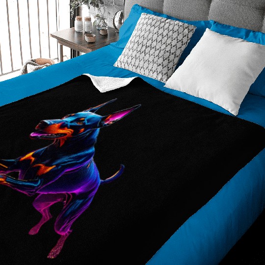 Neon Doberman Running Illustration Baby Blankets