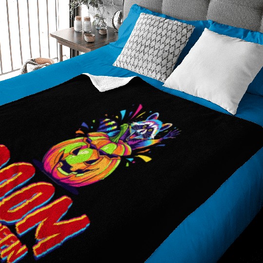 Colorful Raccoon with Pumpkins Halloween Design Baby Blankets