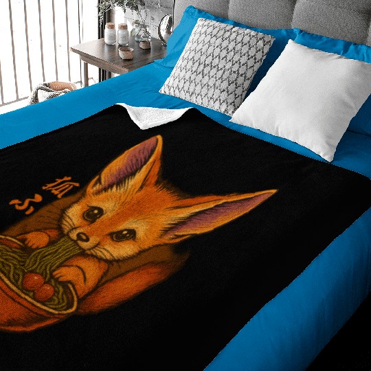 Cute Fox Eating Noodles Illustration Baby Blankets