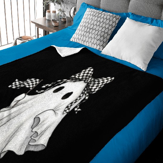 Ghost Boo Checkered Bow Race Day Racing Flag Racer Baby Blankets