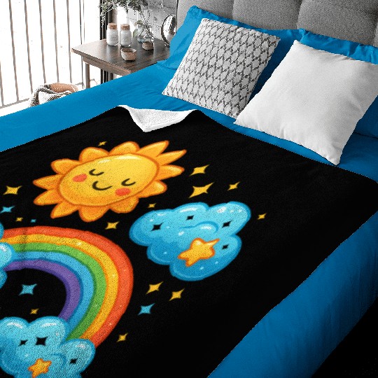 Whimsical Sun and Rainbow Cloud Design Baby Blankets